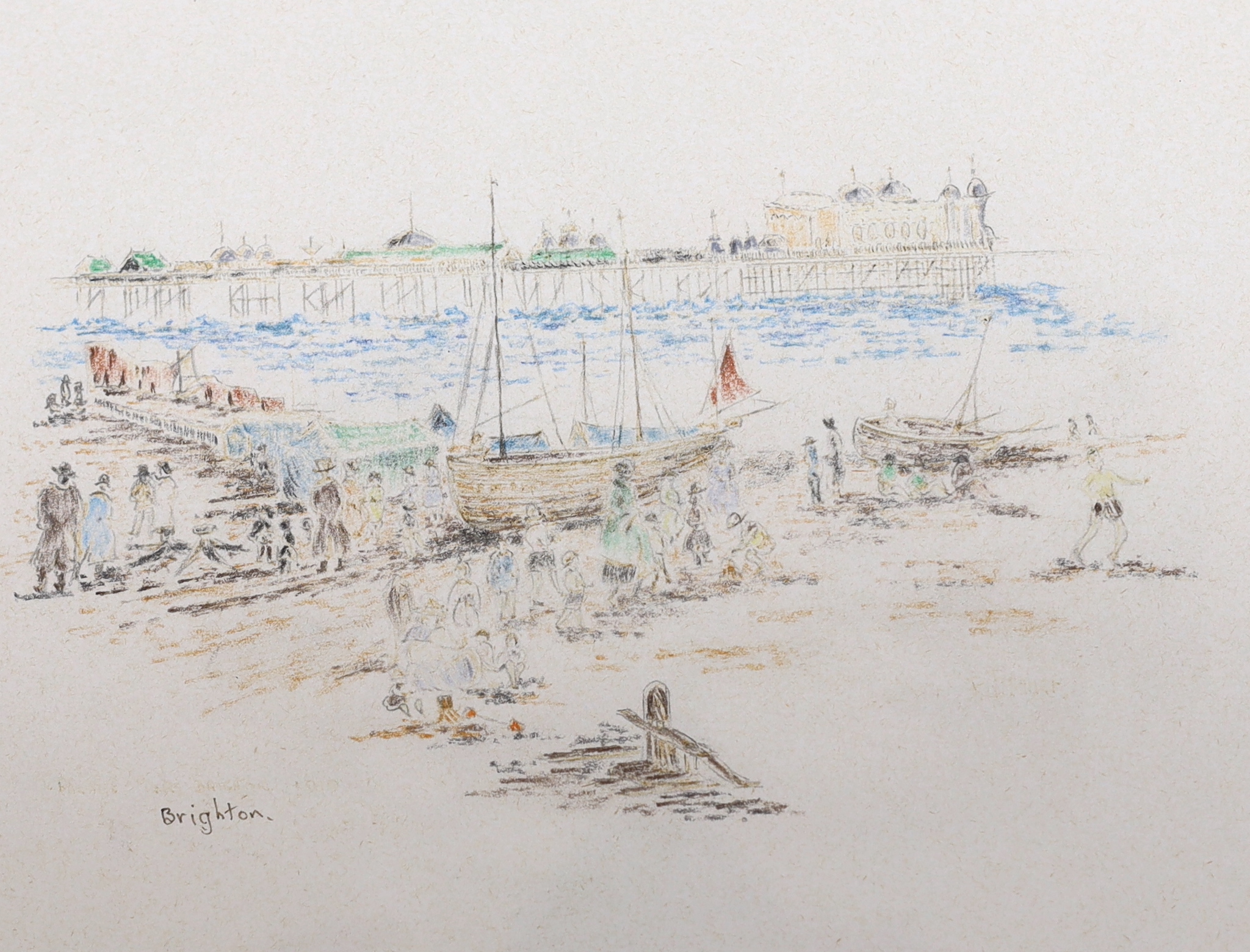 R. Maher (20th. C), set of six crayon and pencil sketches, Brighton views including West Pier and Black Rock, some signed and inscribed, each 24 x 19cm